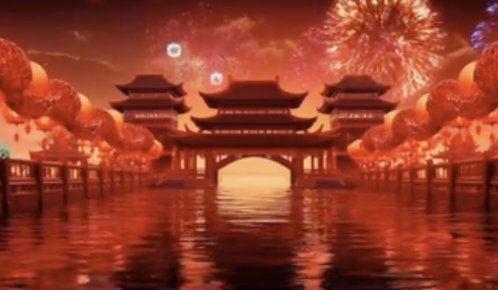 大型烟花古城元夕之约3D立体效果led背景视频